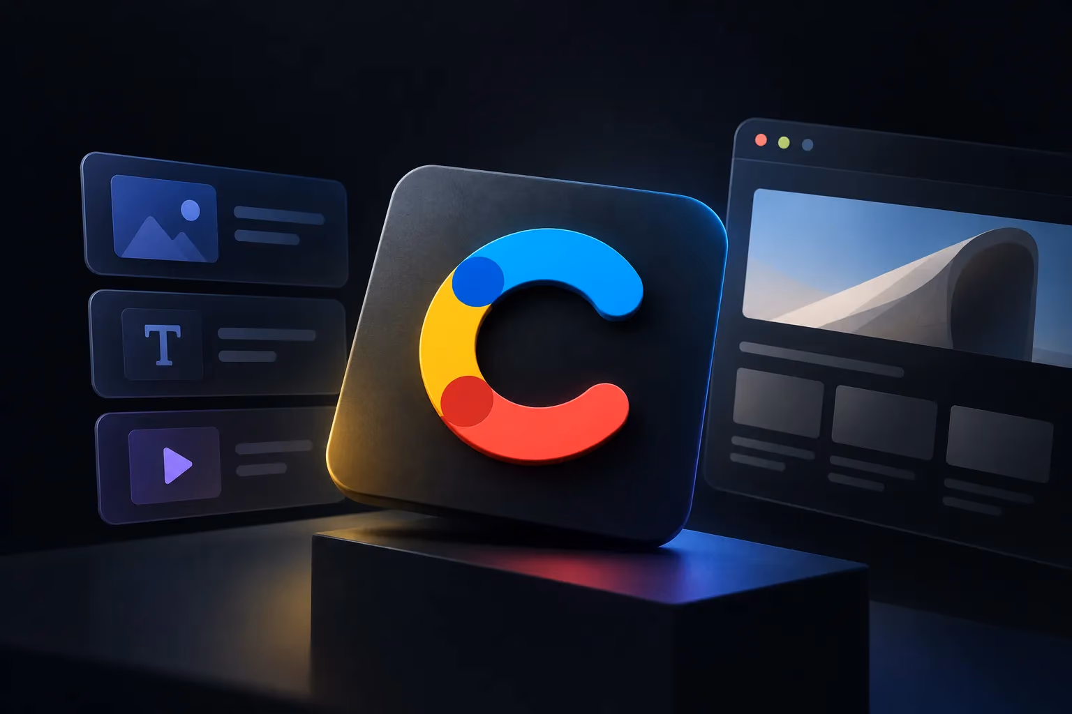 Contentful logo displayed on a dark 3D platform, surrounded by floating content cards and a website interface, representing a headless CMS and digital content management.