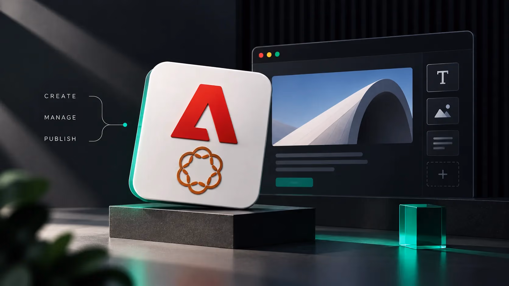 Adobe Experience Manager (AEM) tutorial concept showing a CMS interface, content components, and responsive website creation in a modern digital workspace.