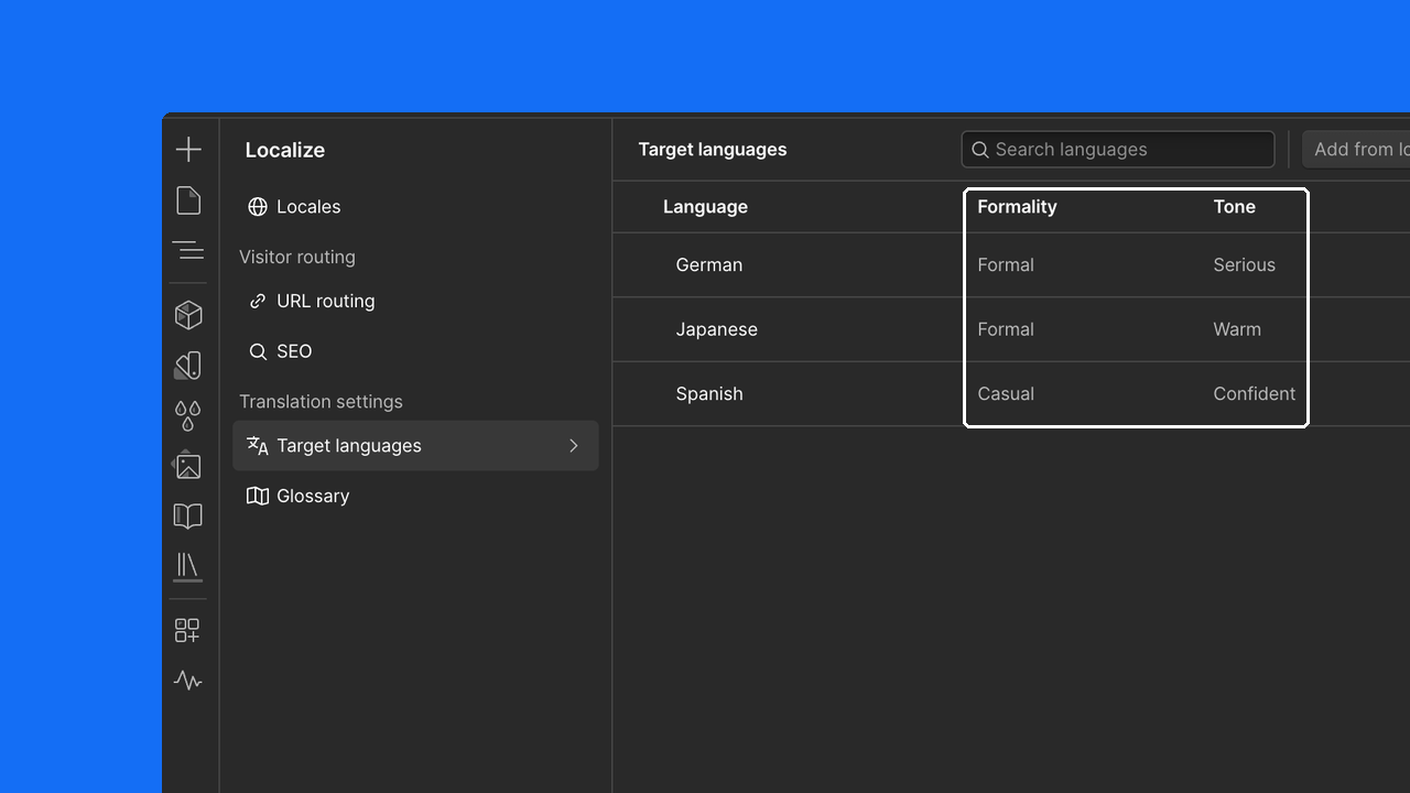 Webflow Localize settings for setting tone and formality per target language