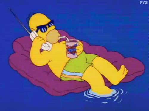 Homer Simpson relaxing on a pool float with a drink, illustrating set-and-forget continuous translation