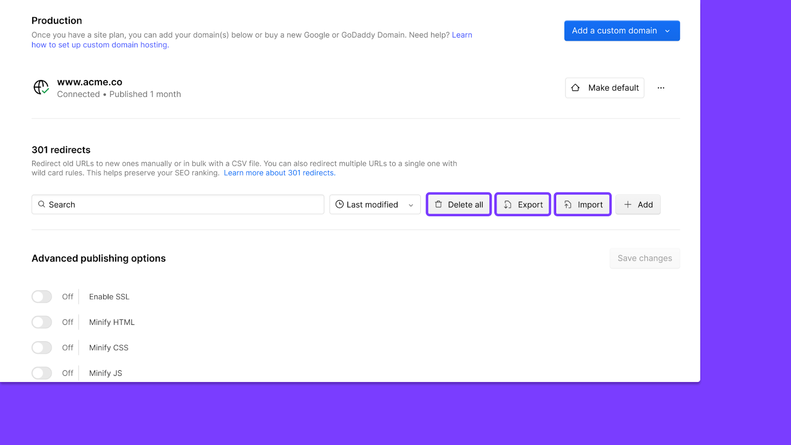 Webflow 301 redirects table with CSV import, export, search, and sort options
