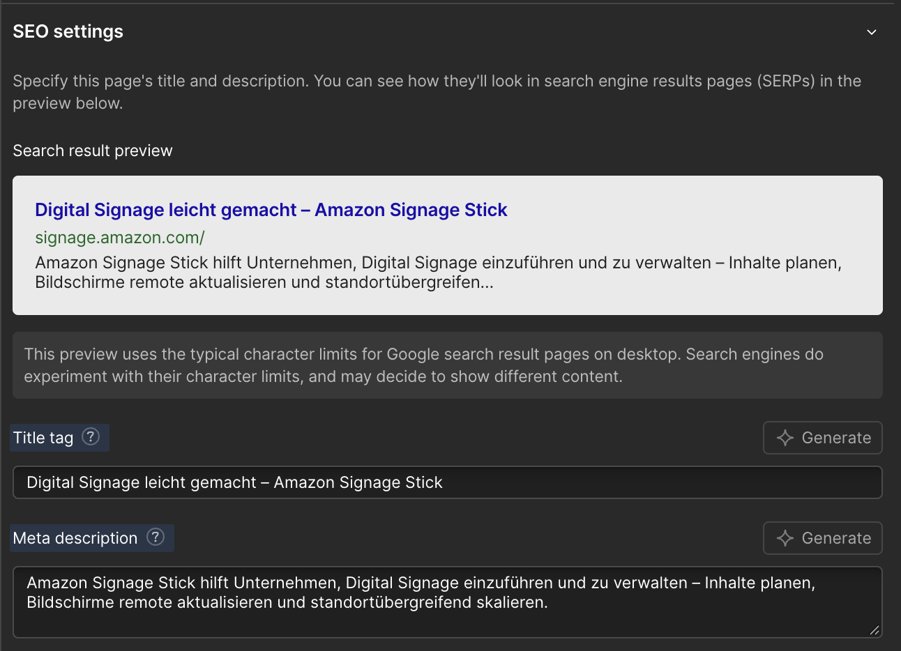 Webflow SEO settings for Amazon Signage's German homepage, showing a German title tag and meta description