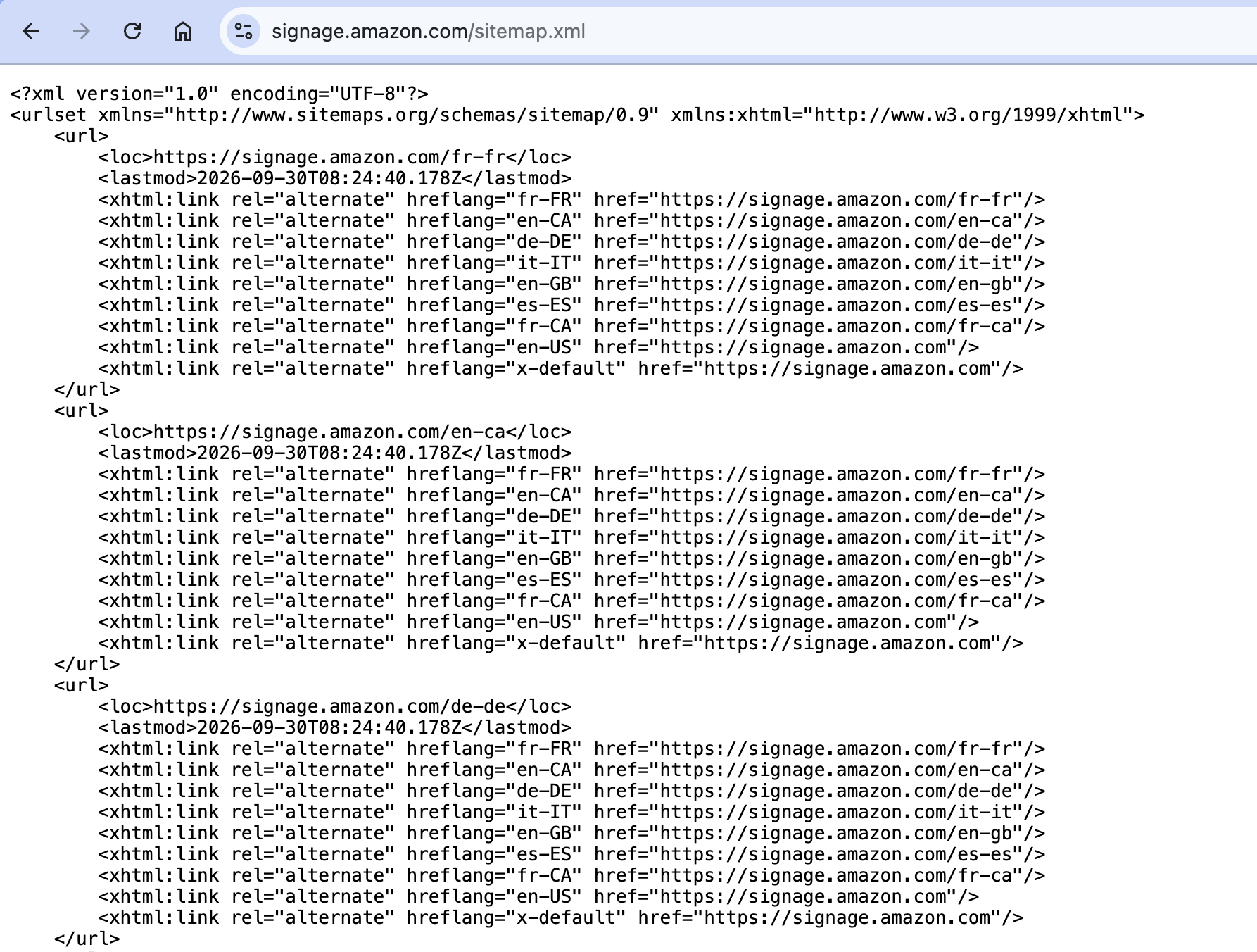 signage.amazon.com sitemap showing hreflang links for eight locales and x-default on each page