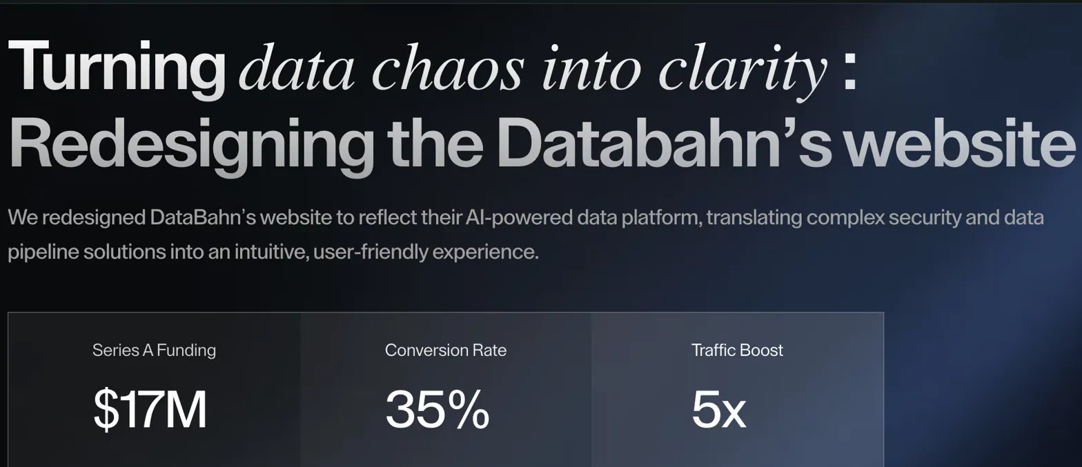 Flowtrix Databahn case study showing $17M Series A funding, 35% conversion rate, and 5x traffic boost