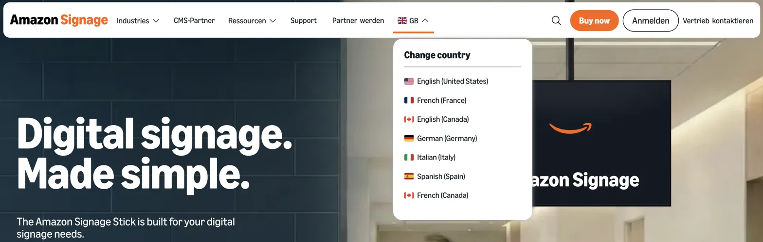 Amazon Signage website country switcher listing English, French, German, Italian, and Spanish locales