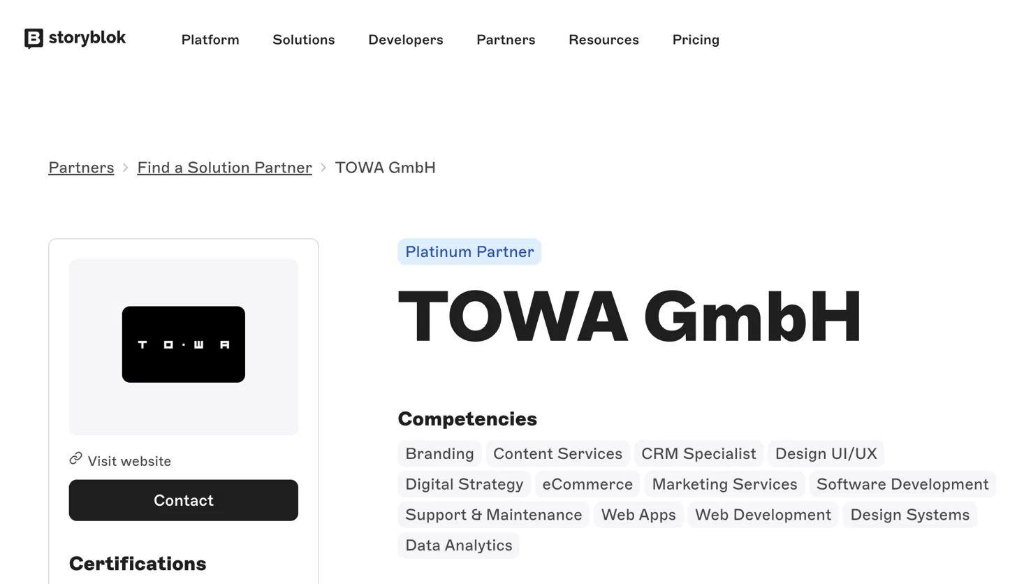TOWA GmbH Storyblok partner listing showing Platinum Partner status and its competencies