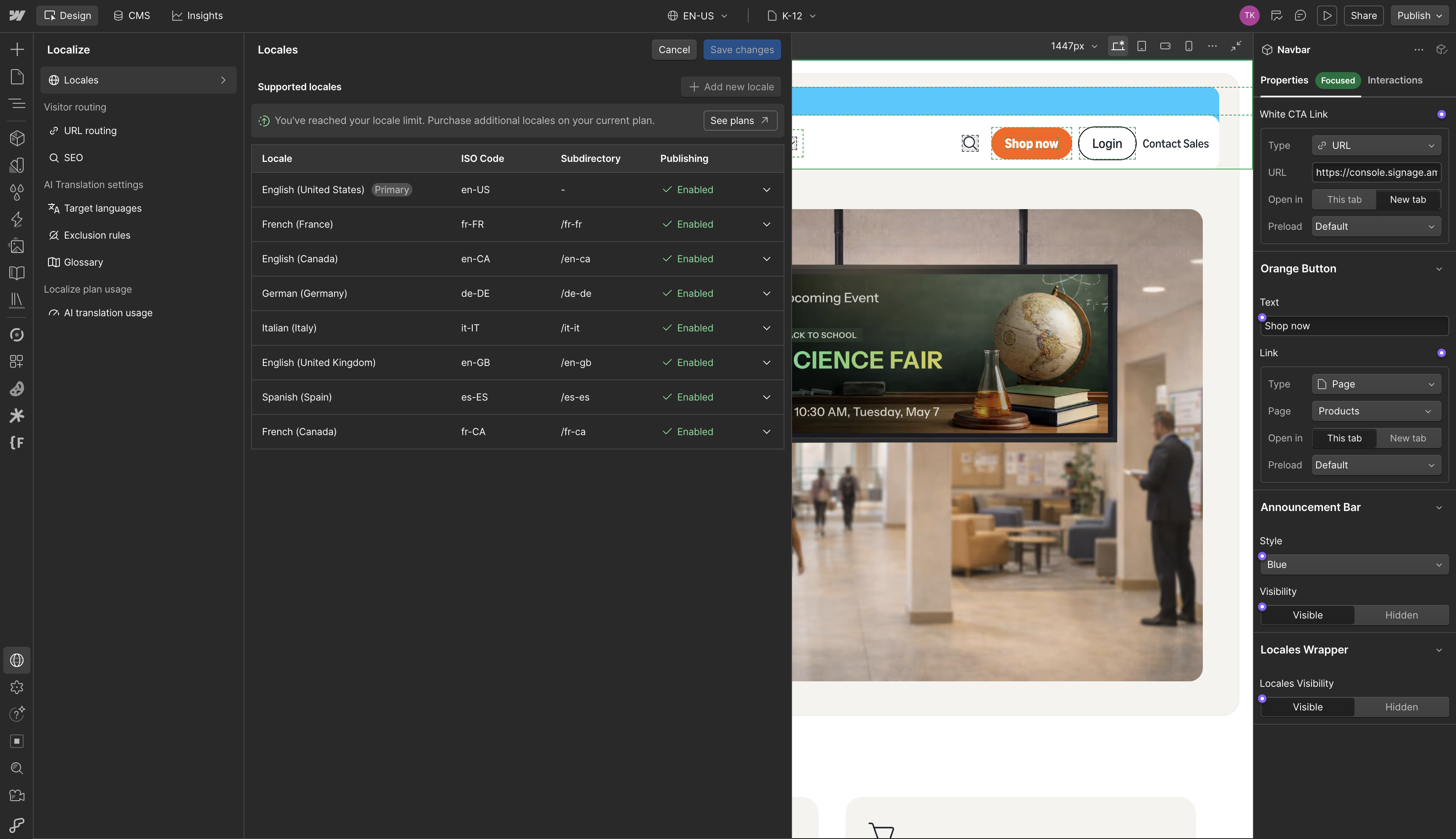 Webflow Localize settings for Amazon Signage showing 8 supported locales with ISO codes and subdirectories like /de-de/ and /fr-ca/