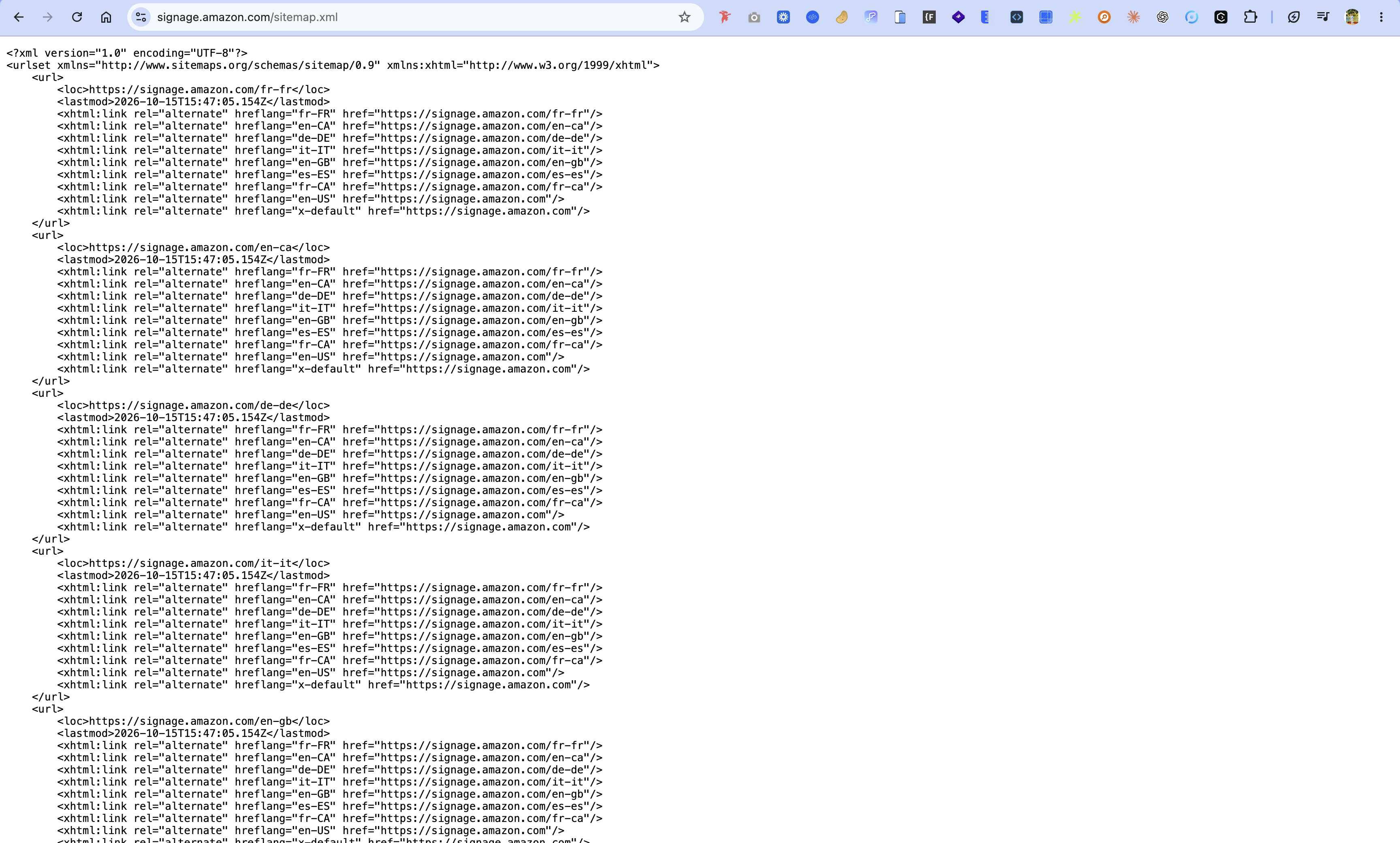 Amazon Signage XML sitemap showing hreflang alternate links for each locale version of every page