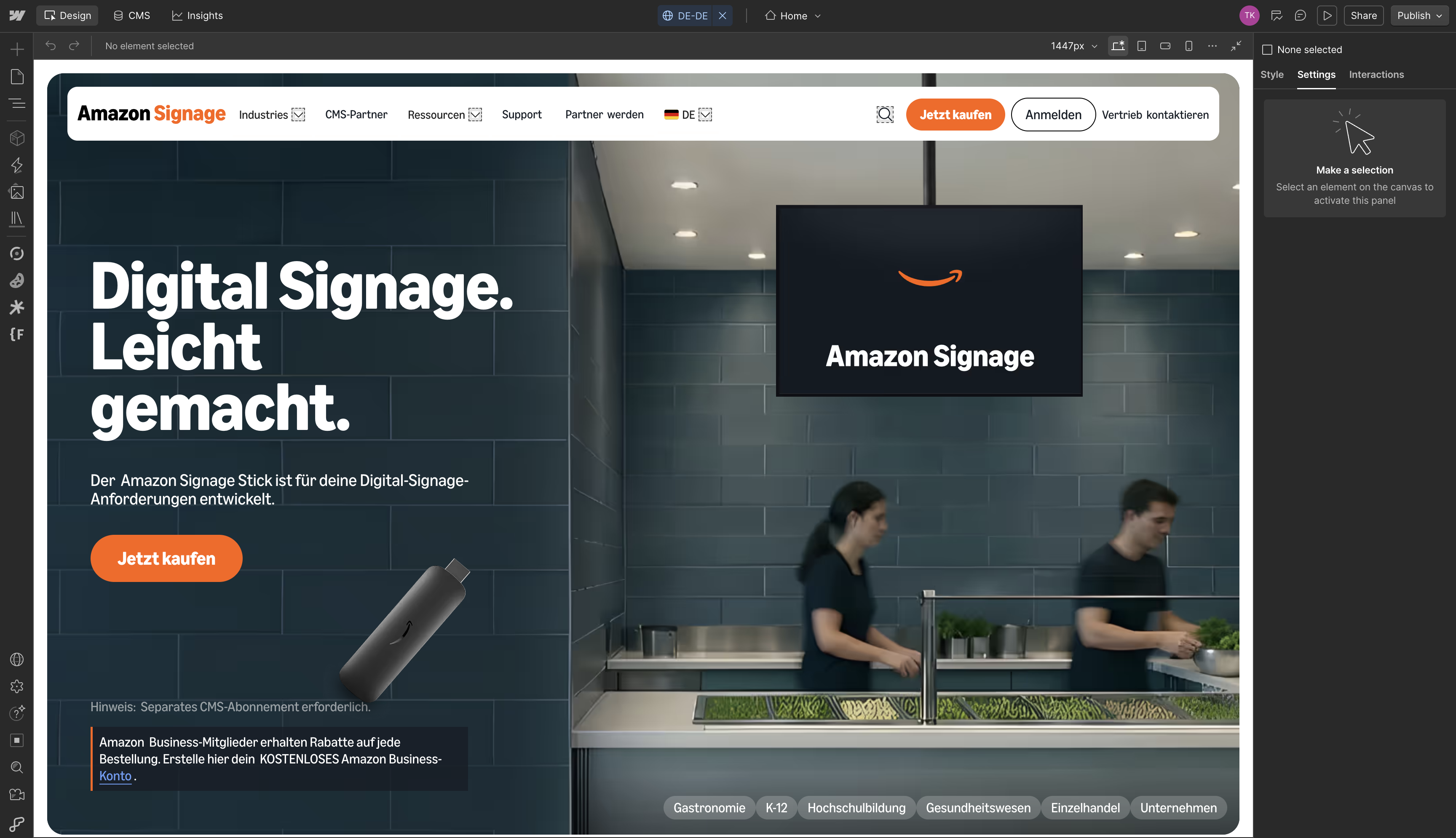 German version of the Amazon Signage homepage open in the Webflow Designer
