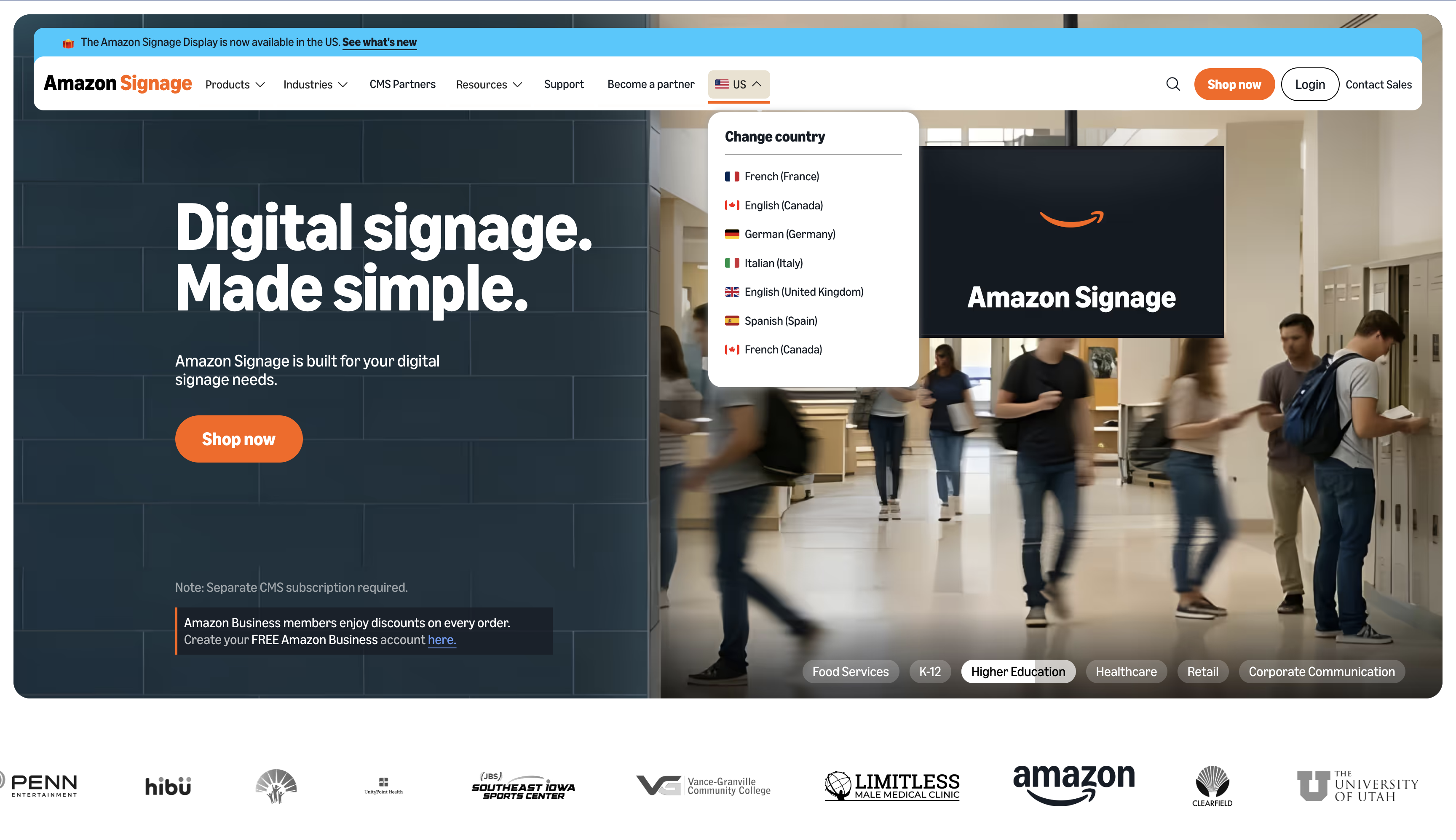 Amazon Signage homepage with the Change country menu open, listing locales like French (France), German (Germany), and Spanish (Spain)