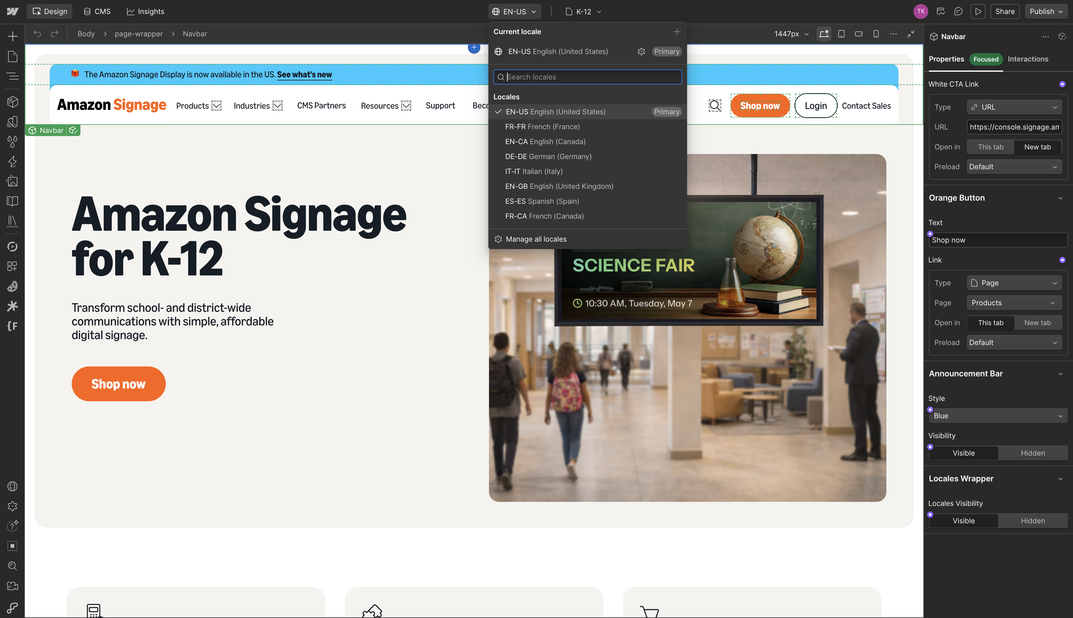 Webflow Designer locale menu for the Amazon Signage site listing 8 locales, from English (United States) to French (Canada)