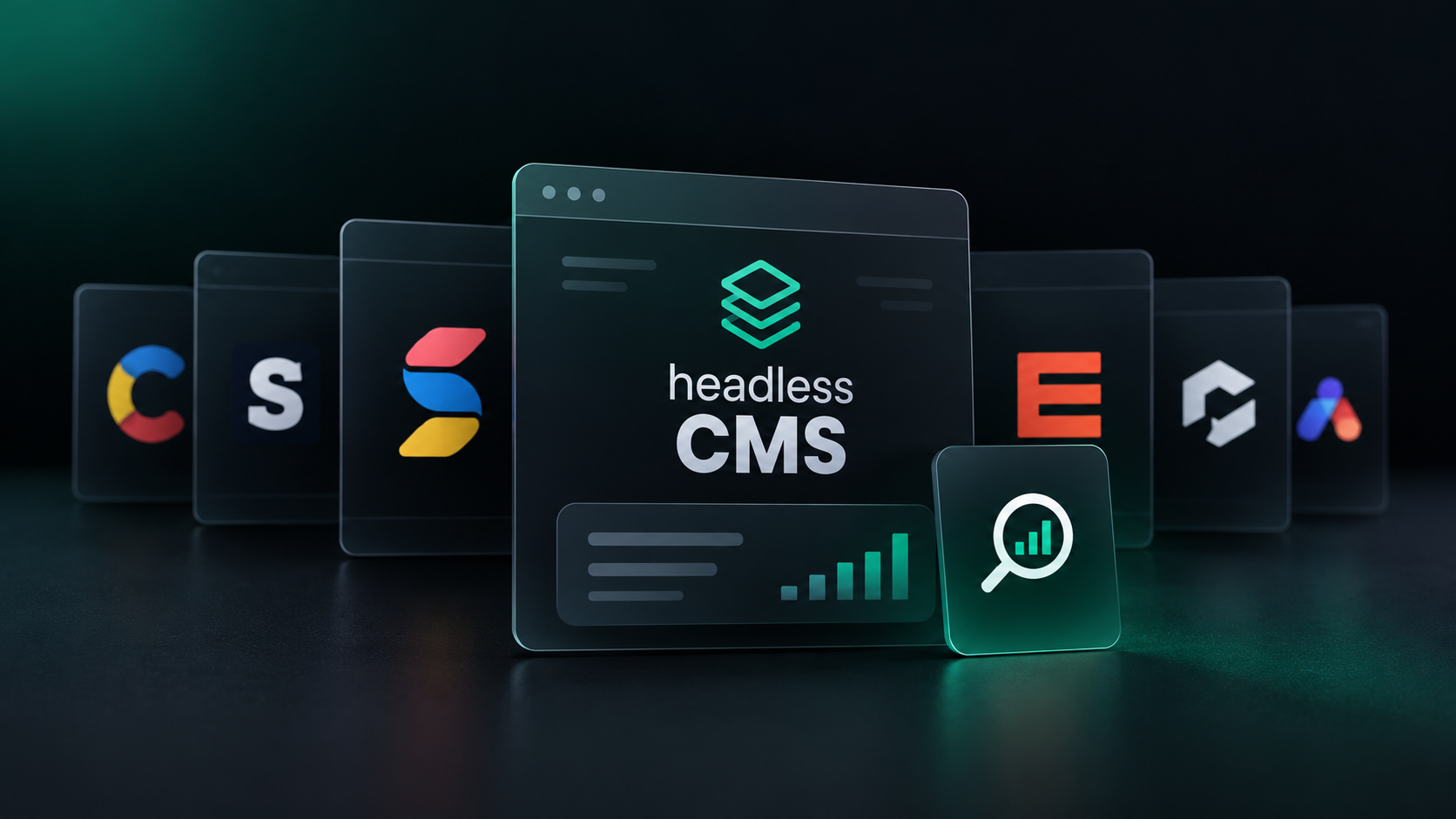 Headless CMS dashboard with an SEO search icon and a rising chart, surrounded by CMS platform logo cards