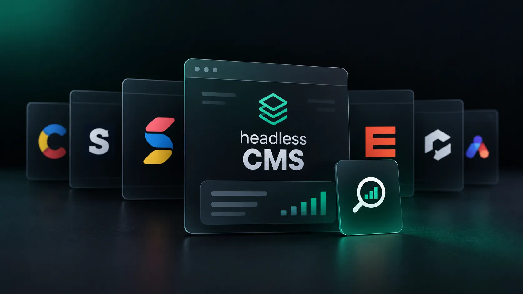 Headless CMS dashboard with an SEO search icon and a rising chart, surrounded by CMS platform logo cards