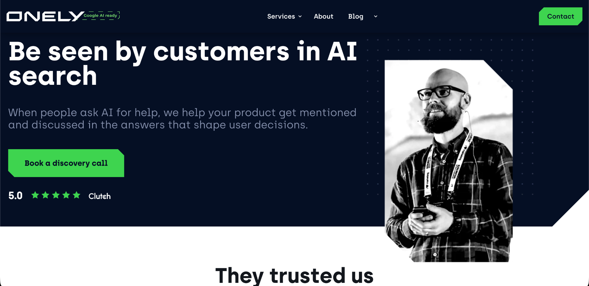 Onely homepage with the headline Be seen by customers in AI search and a 5.0 Clutch rating