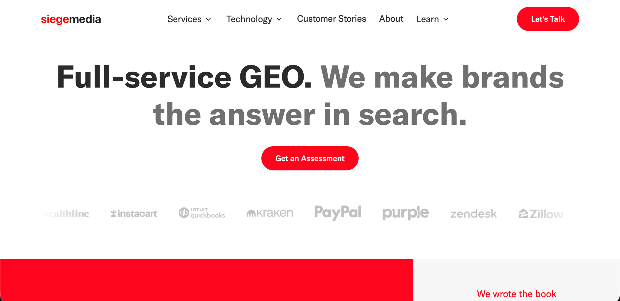 Siege Media homepage with the headline Full-service GEO. We make brands the answer in search, above client logos like PayPal and Zendesk
