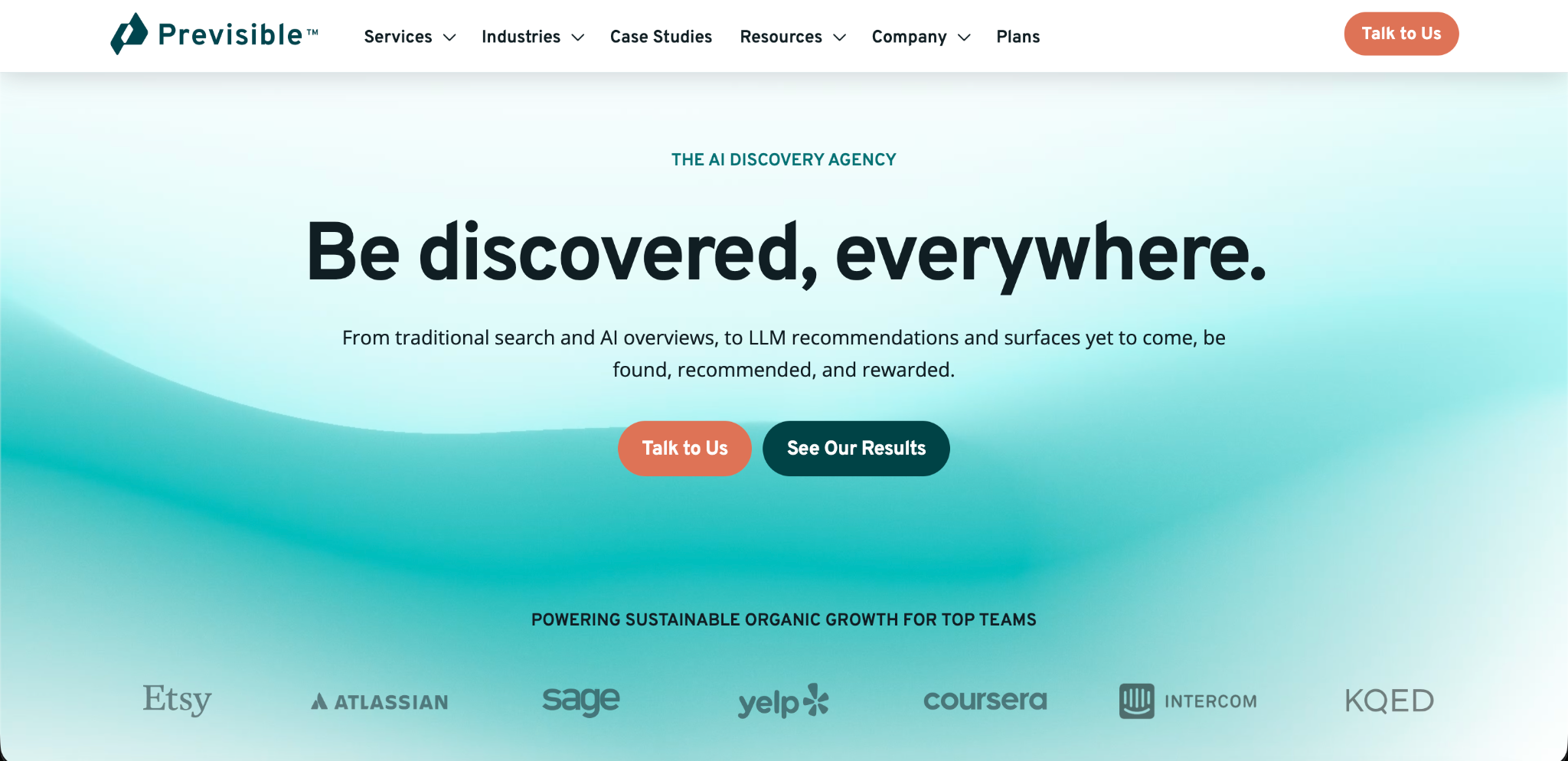 Previsible homepage calling itself The AI Discovery Agency with the headline Be discovered, everywhere