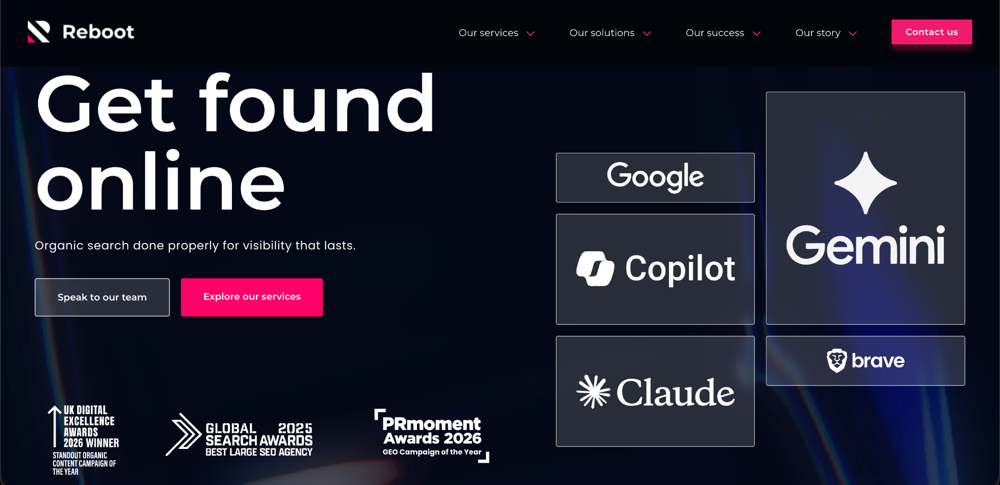 Reboot Online homepage with the headline Get found online, logos for Google, Gemini, Copilot and Claude, and its 2025 and 2026 awards