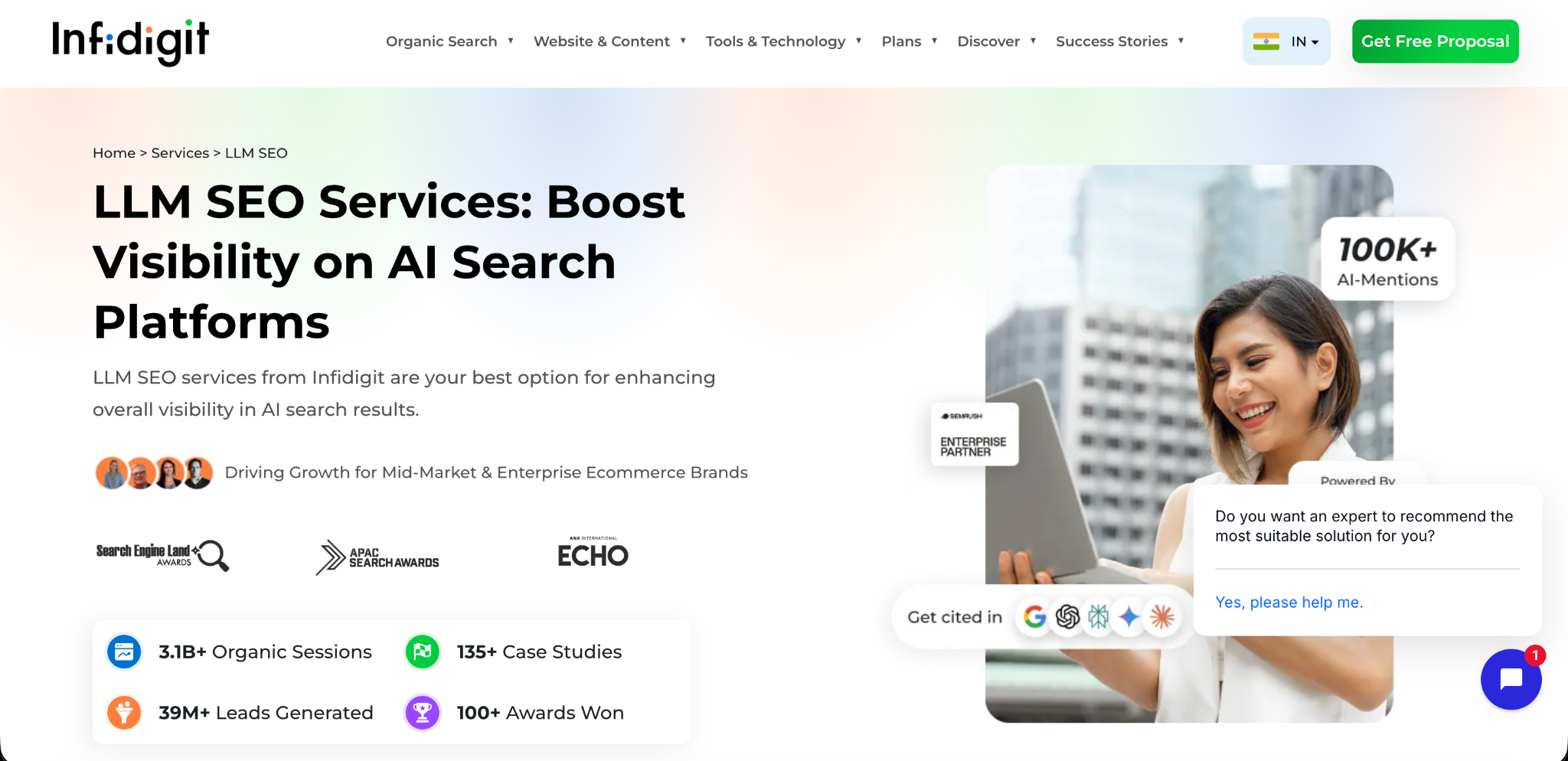 Infidigit LLM SEO services page with the headline Boost Visibility on AI Search Platforms and stats on organic sessions, case studies and leads