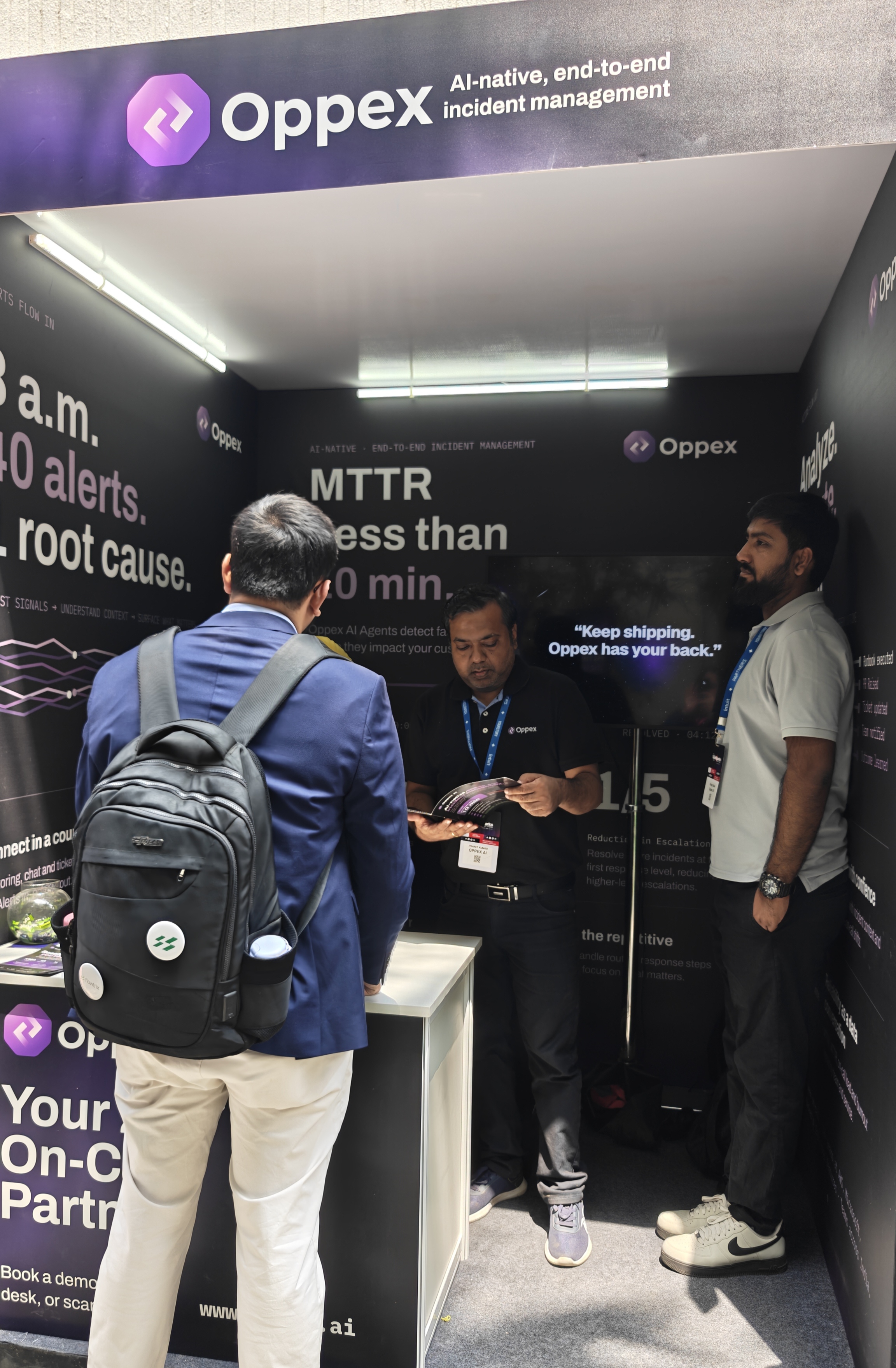 Nishant from Flowtrix at the Oppex AI booth for AI-native, end-to-end incident management at TechSparks 2026