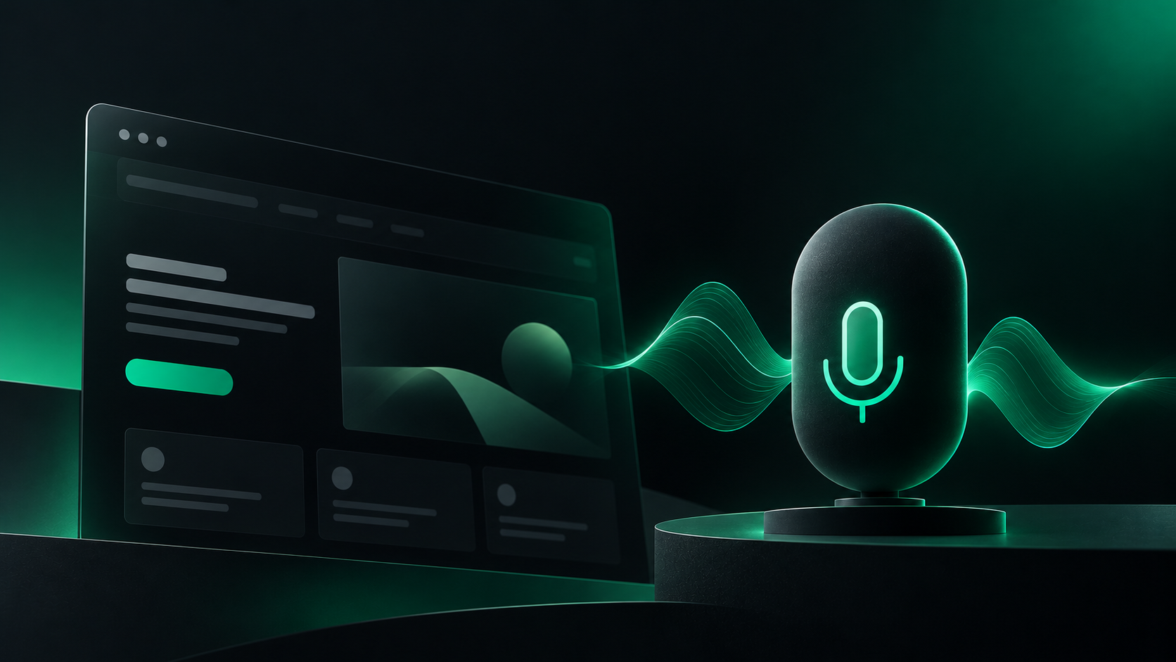 Glowing green microphone with sound waves next to a dark website screen, for Webflow voice search in 2026