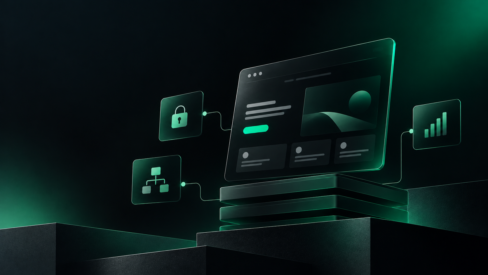 Glowing website screen on stacked platforms with lock, sitemap and growth icons, for Webflow Enterprise governance, scale and speed in 2026