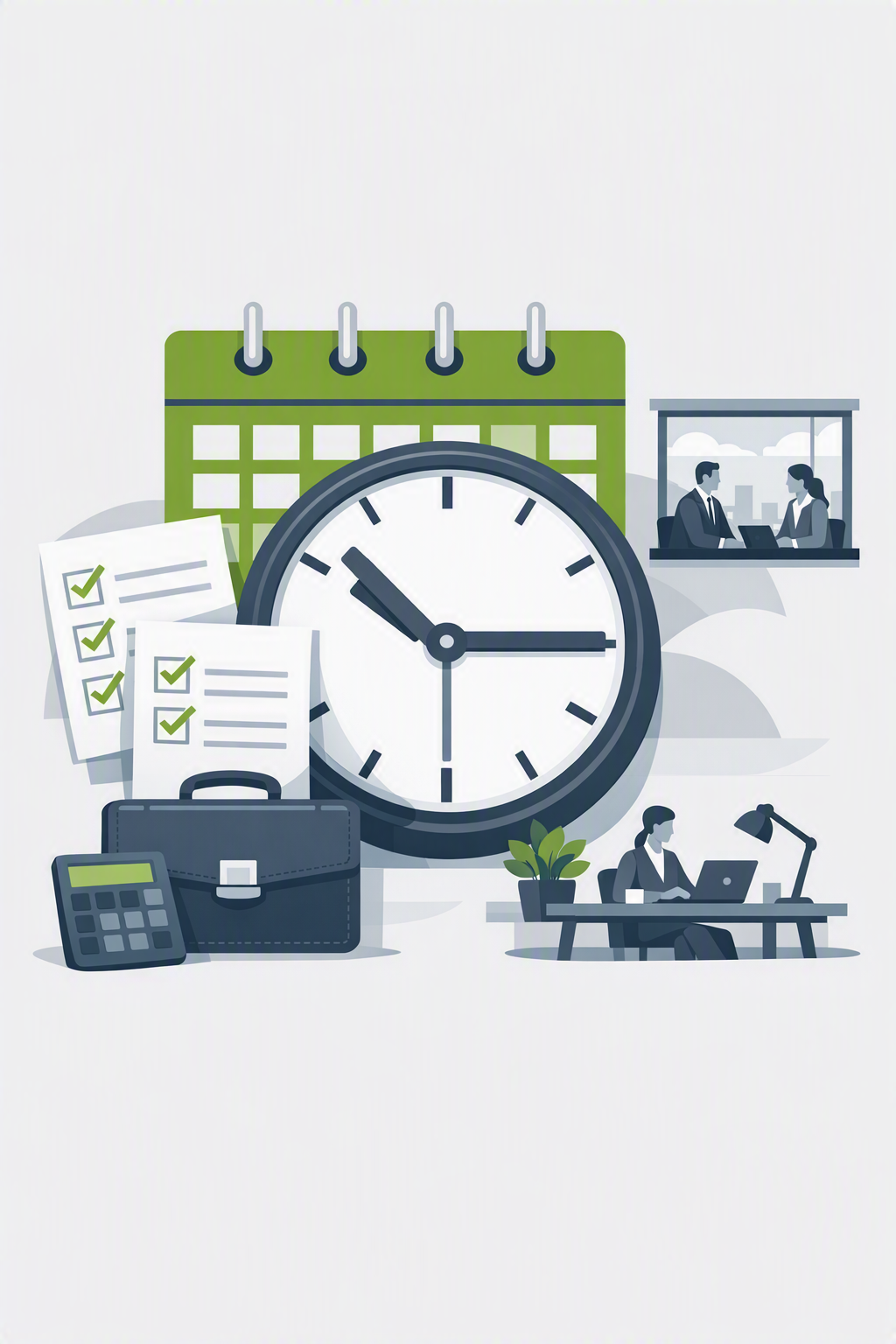 The image depicts an office setting with a clock, a calendar, and office supplies, with two people seated at desks, one using a computer and the other working with paper documents.