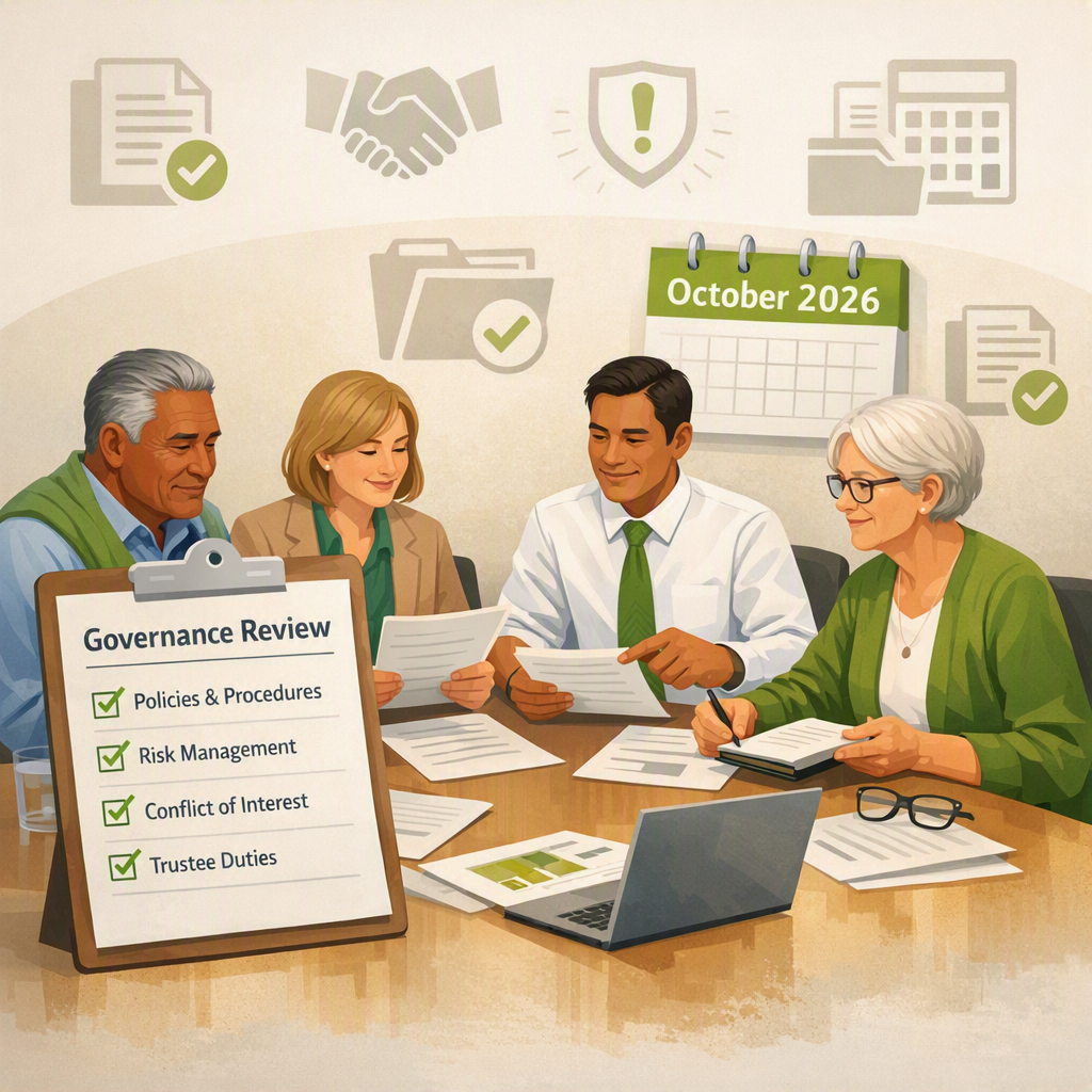 Charity board members reviewing governance documents, including policies, risk management and conflicts of interest, ahead of the October 2026 review deadline.