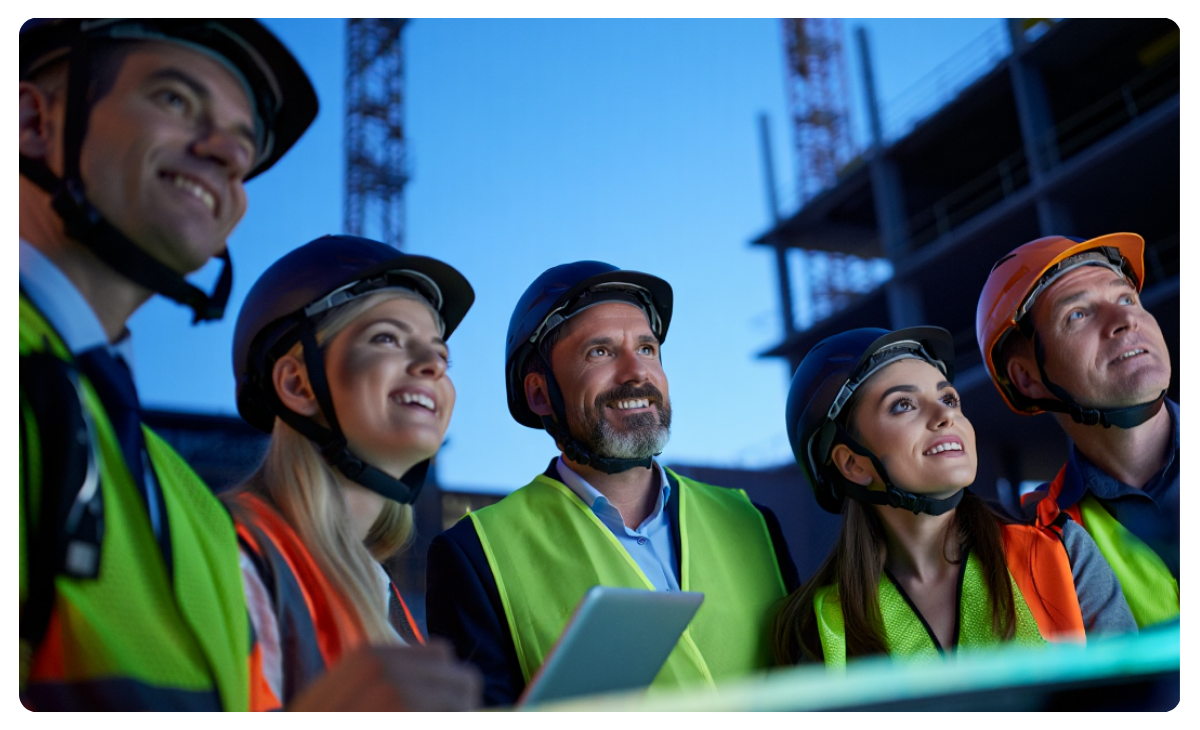 IPA Projektmanagement Team mit Tablets für integrierte Projektabwicklung im Bauwesen