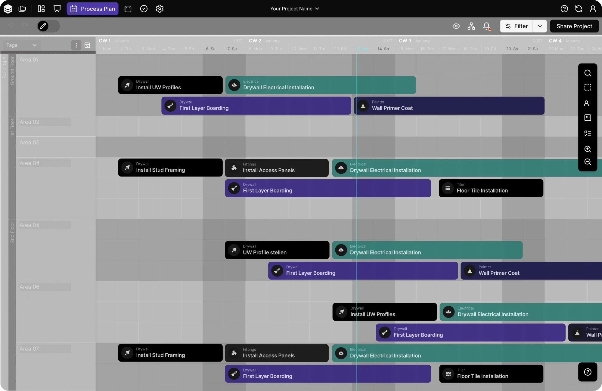 lcmd construction project management platform connecting BIM model views with scheduling, tasks, and visual planning
