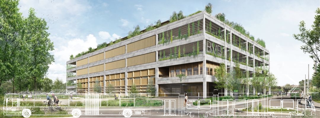 Modernes, nachhaltiges Büro- und Verwaltungsgebäude mit urbanem Grün auf dem Dach und innovativer Architektur – Visualisierung des neuen BVB-Betriebshofs mit integrierter Straßenbahnlinie und umweltfreundlicher Mobilität in einer grünen Umgebung.