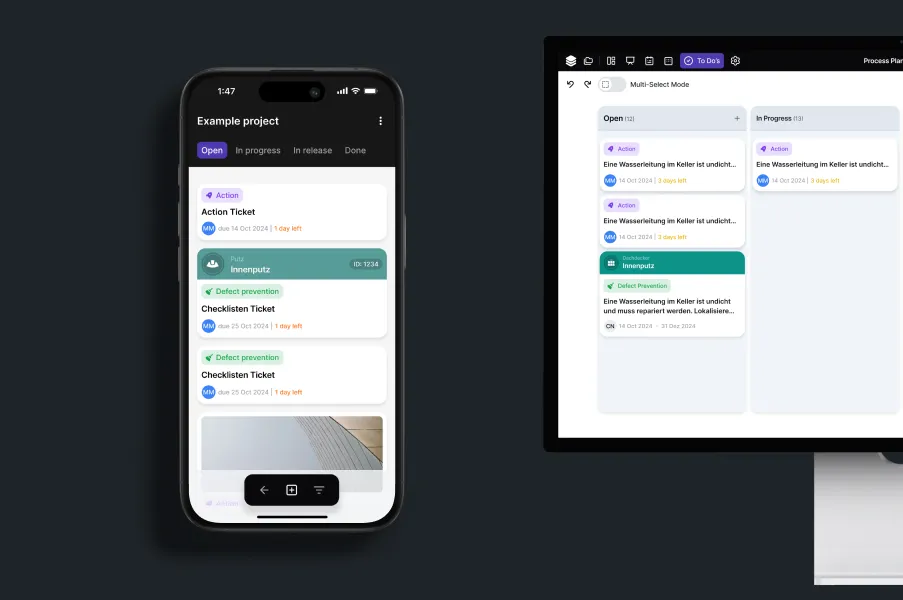 Lcmd Kanban-Board im Bauprojektmanagement mit Aufgaben, Checklisten, Statusspalten und Fristen zur Nachverfolgung
