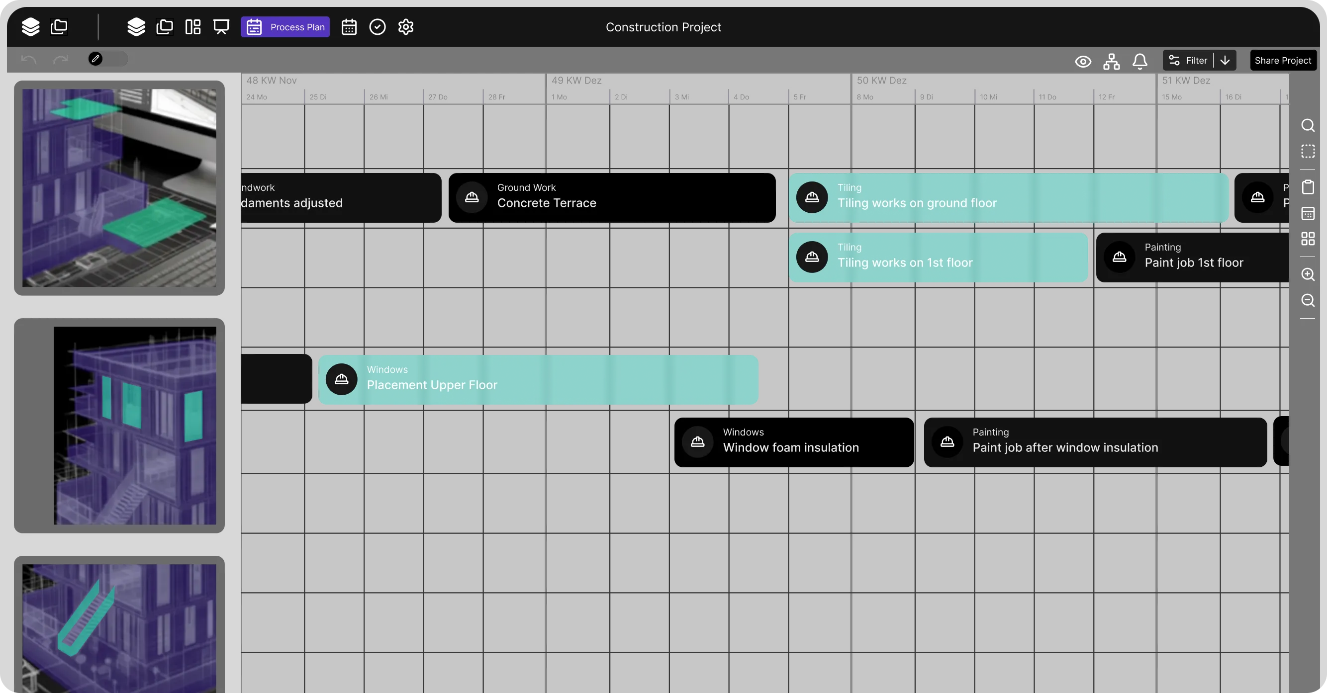 Lcmd Prozessplan im Bauprojekt mit Vorgängen nach Gewerken und Bereichen zur Erkennung von Terminabweichungen