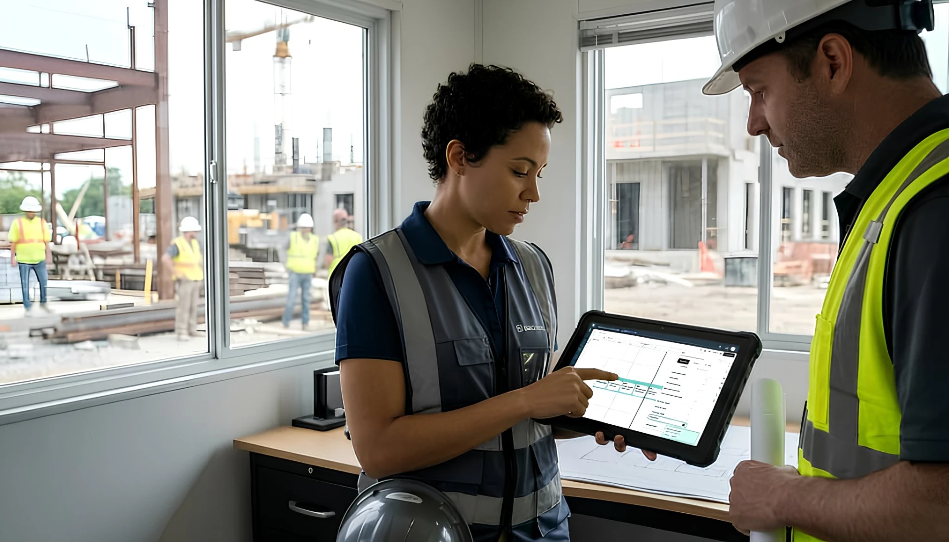 Bauleiter nutzen Lean-Construction-Software auf Tablet für Projektplanung, Baustellenkoordination und Projektsteuerung.