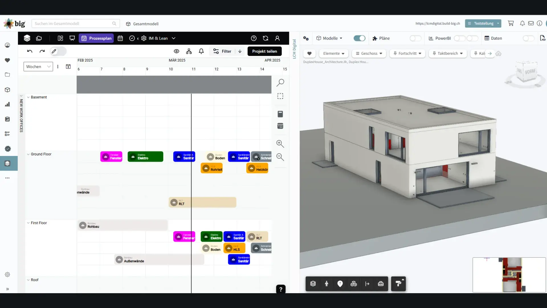 BIM-integrierte Planungsansicht in lcmd, die Terminplandaten mit einem 3D-Modell für koordinierte Projektsteuerung verknüpft