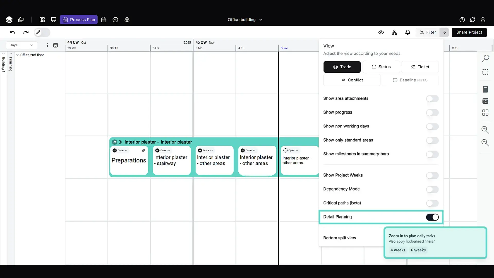 Digitale-Last-Planner-System-Ansicht in lcmd mit Wochenplanung, Zusagen und ausführungsnaher Lookahead-Detailtiefe