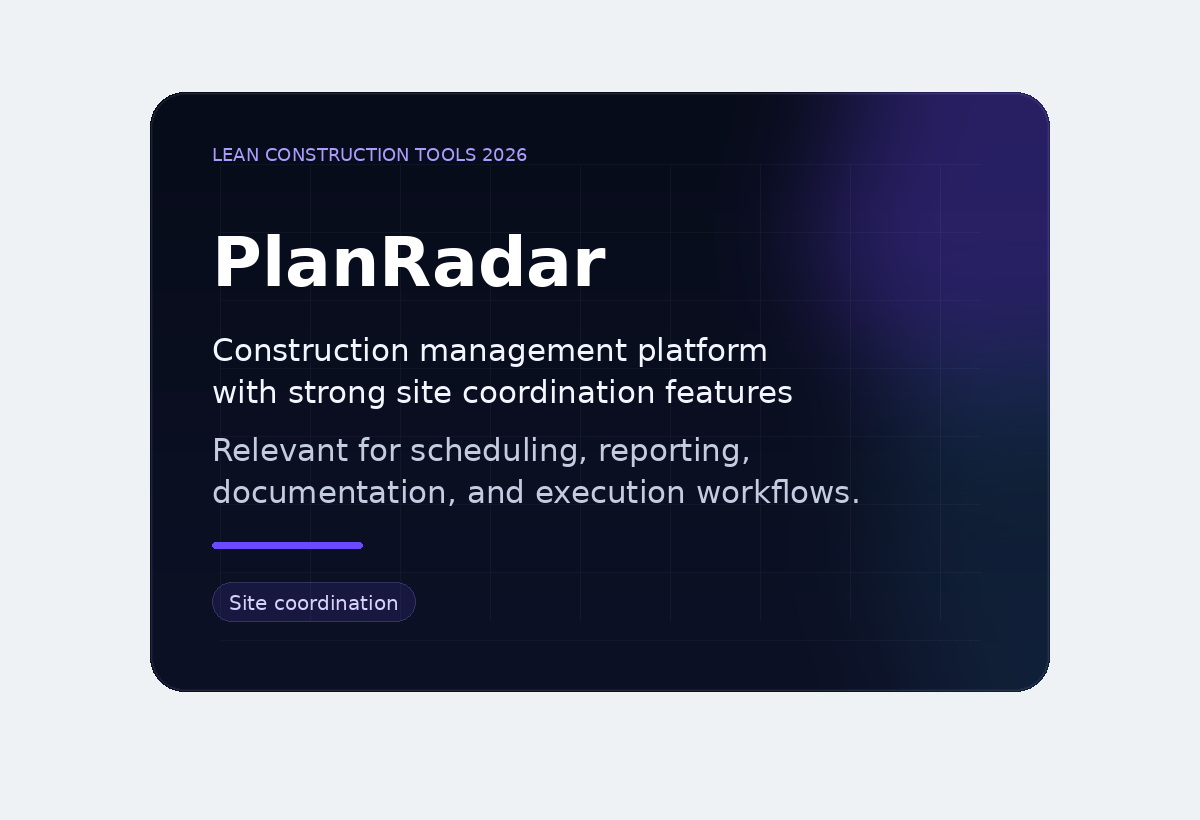 PlanRadar comparison card showing a construction management platform for site coordination, reporting, and execution workflows