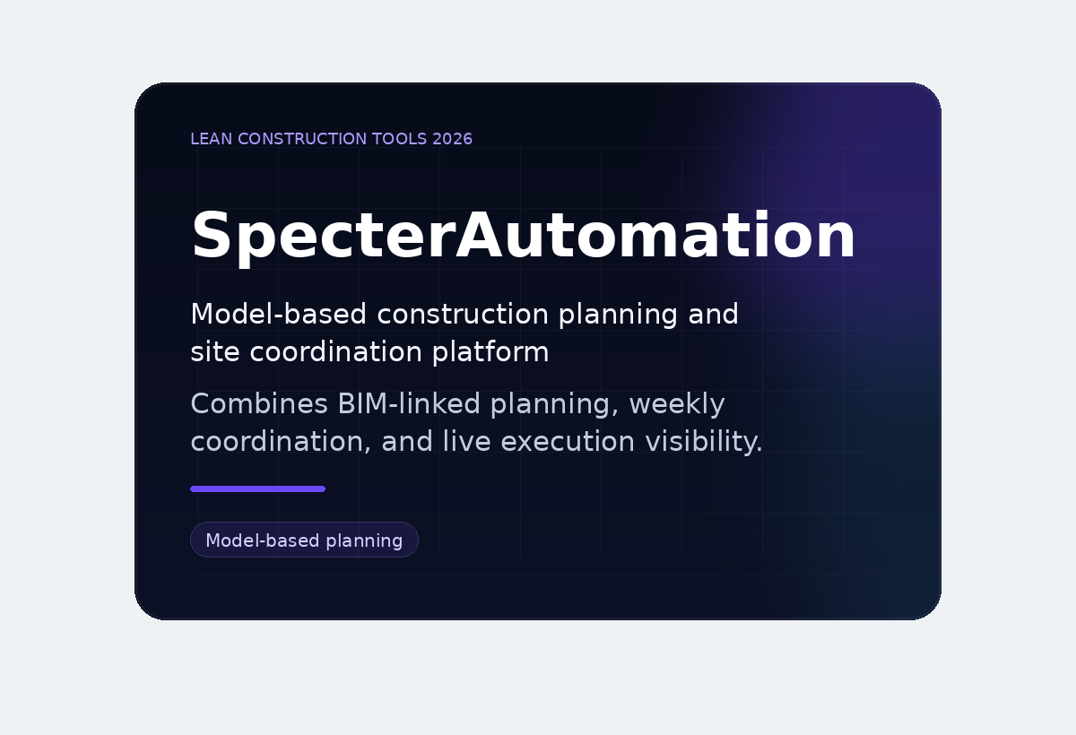 SpecterAutomation comparison card showing a model-based construction planning platform for BIM-linked coordination and execution visibility