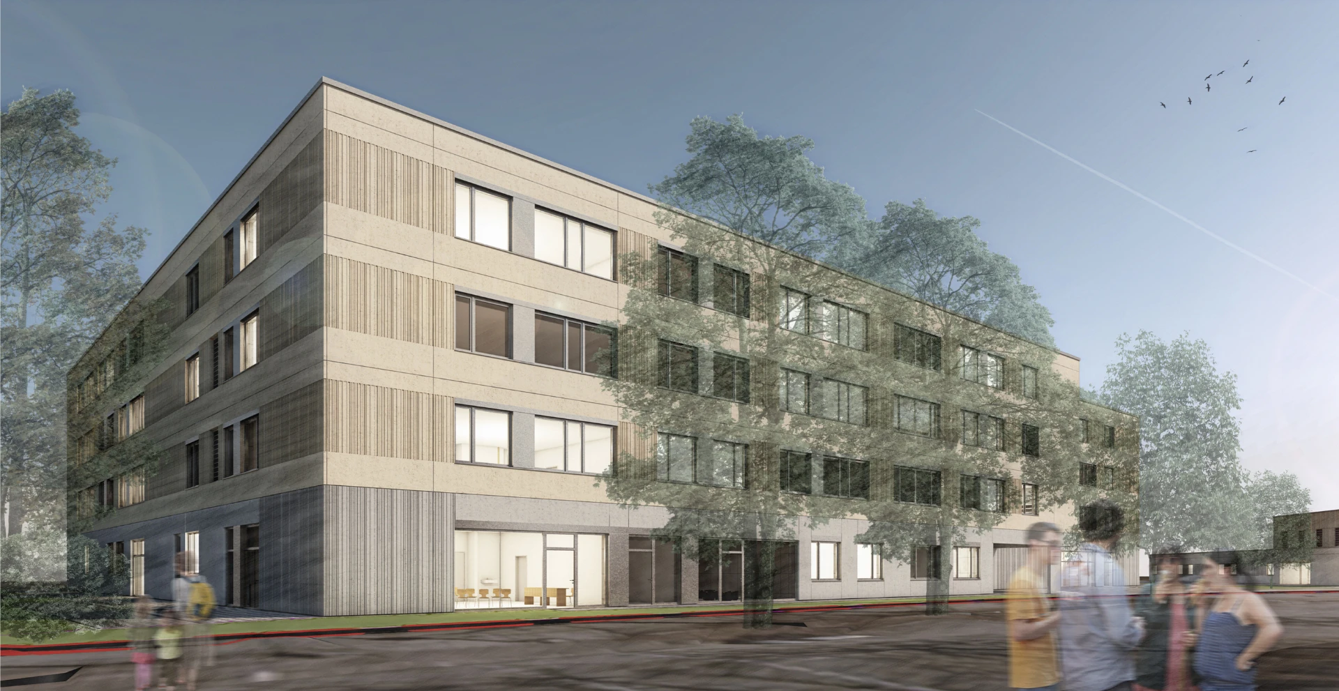 Architectural rendering of the FES Dresden school building, a 30 million euro project completed on schedule using lcmd for lean construction planning and coordination.