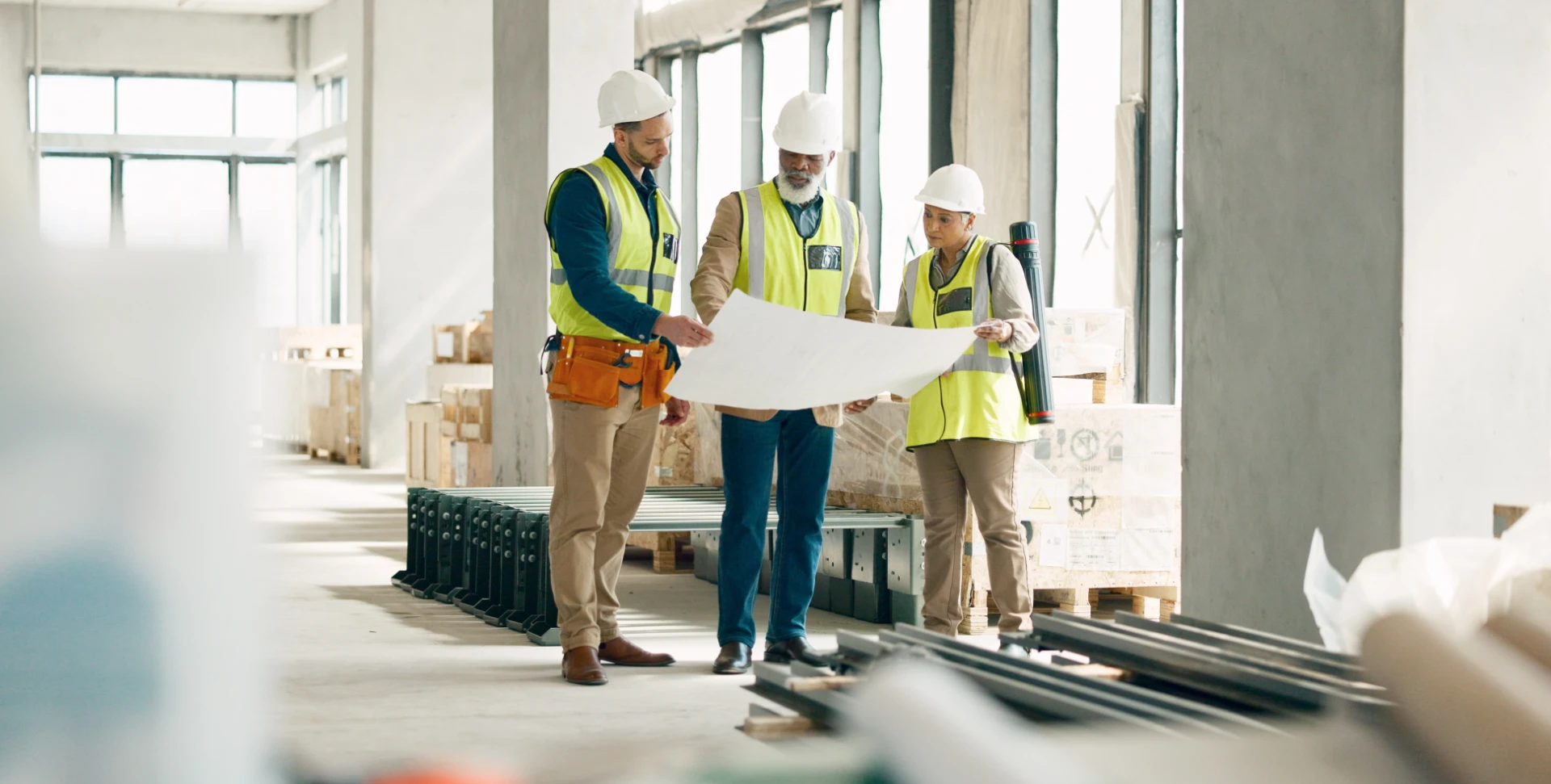 Three construction professionals reviewing building plans inside an unfinished commercial space.