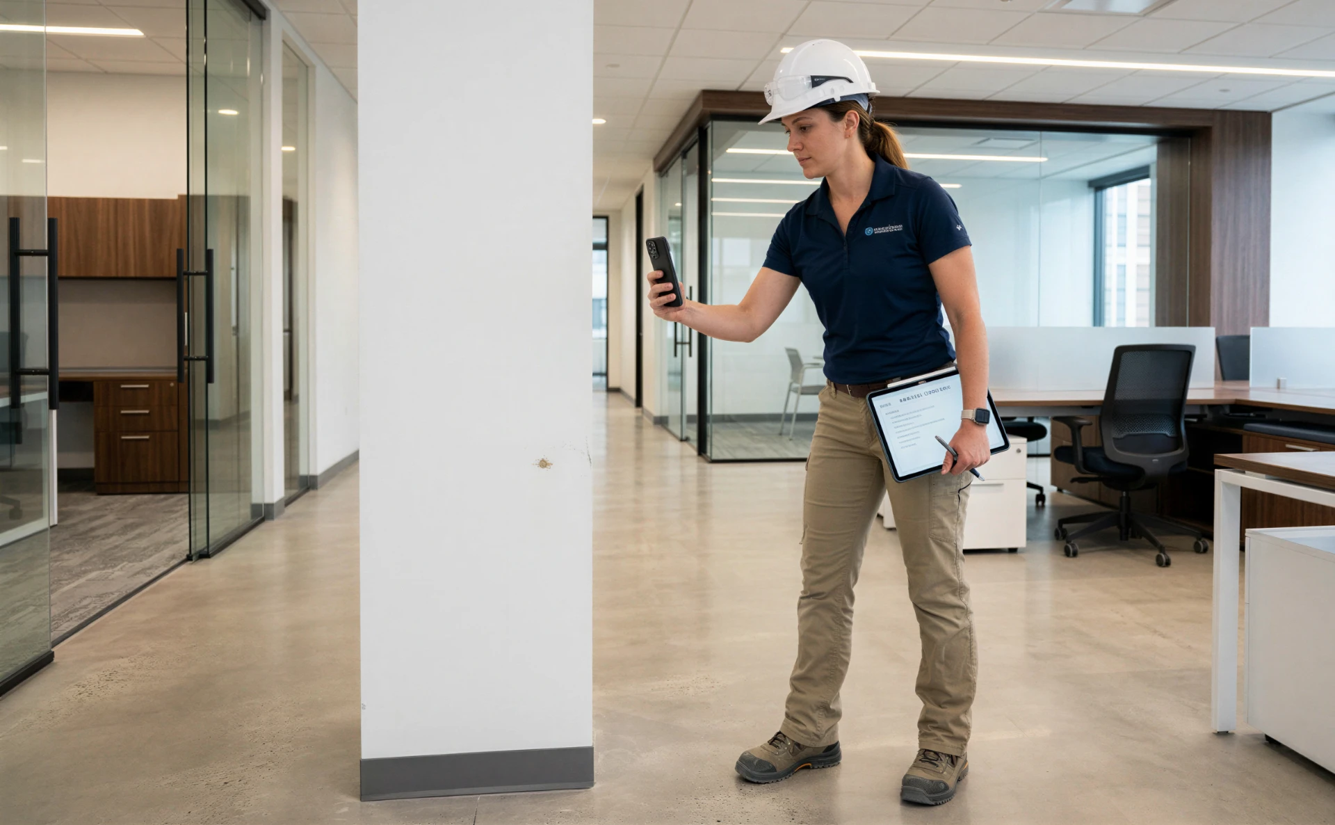 Construction professional inspecting a nearly finished commercial interior, holding a smartphone and documenting a small defect during final inspection or punch list walkthrough.