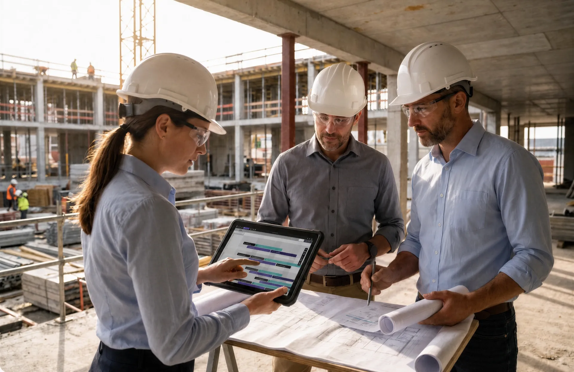 Ein Projektteam prüft die Projektsteuerung im Bau direkt auf der Baustelle und vergleicht den aktuellen Baufortschritt mit dem Terminplan auf einem Tablet.