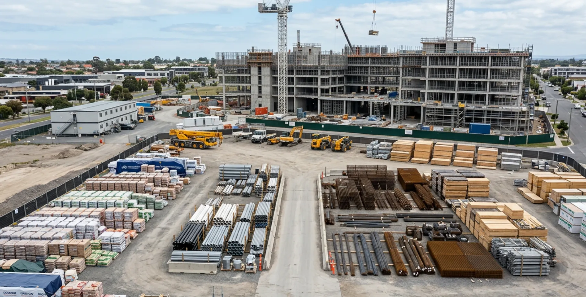 Construction materials staged in order on a site in front of an active commercial project.