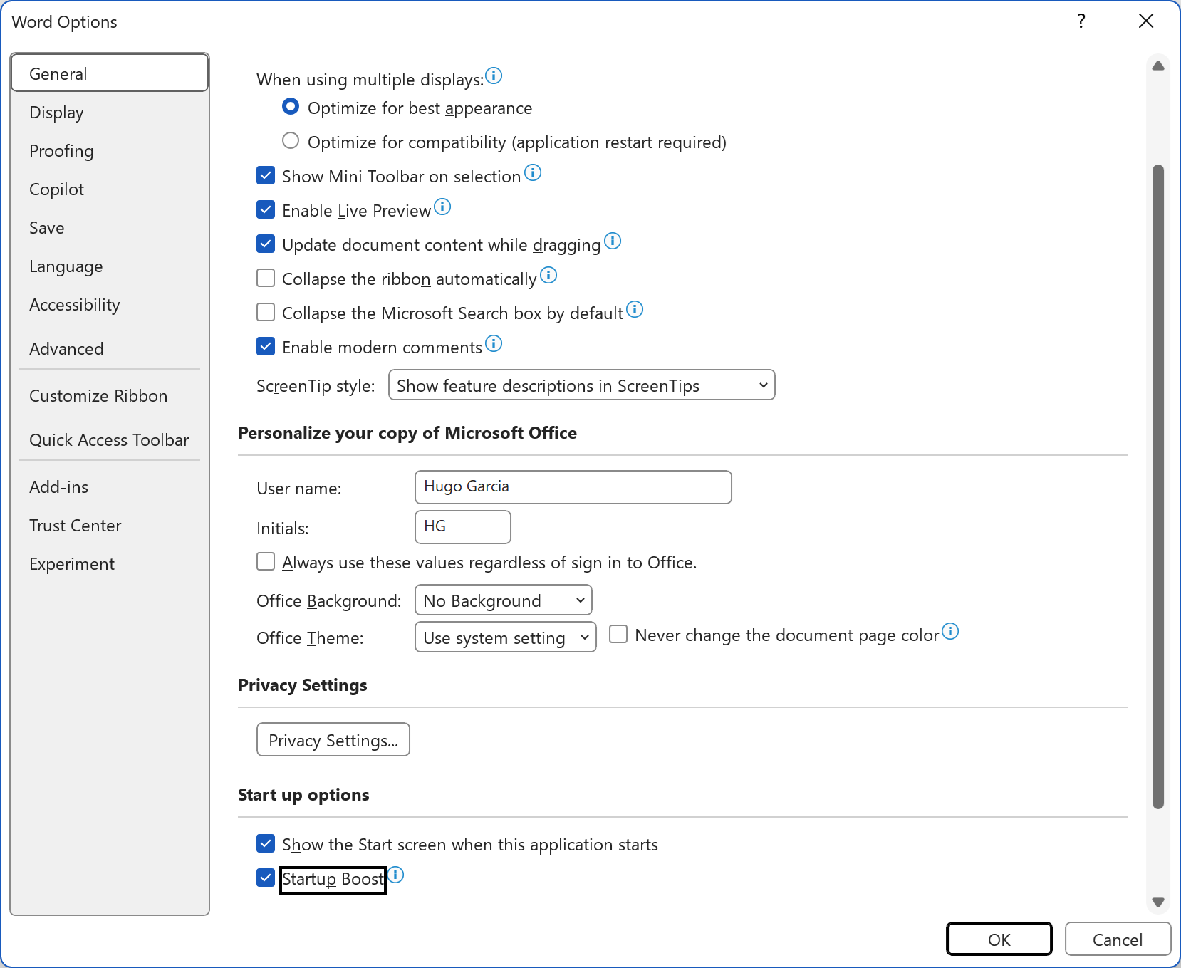 UI zum Aktivieren/Deaktivieren von Startup Boost in Word