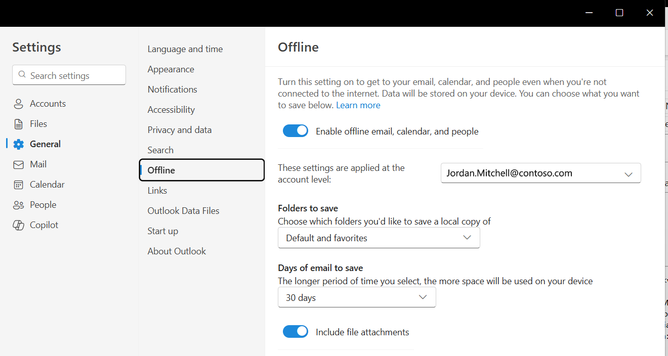 Screenshot highlighting toggle to Enable offline email, calendar, and people.