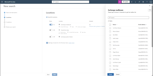 Screenshot der Konfiguration einer eDiscovery-Suche im Microsoft Purview Compliance-Portal