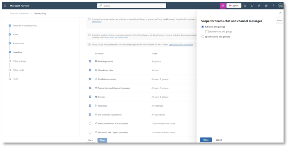 Screenshot der Konfiguration einer Data Loss Prevention-Richtlinie im Microsoft Purview Compliance-Portal