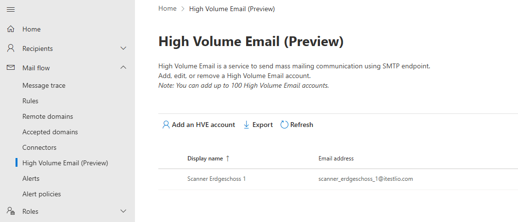 A screenshot of the exchange online admin center displaying the high volume email configuration