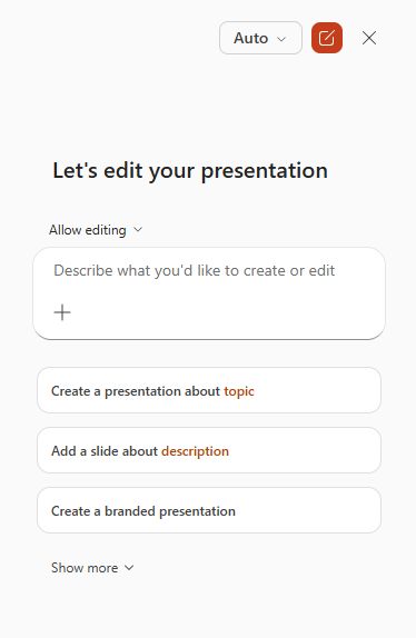 PowerPoint Copilot-Panel mit Hervorhebung des Bildmodells \"Auto\"