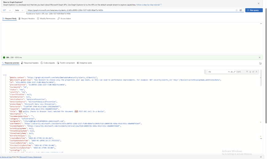 Screenshot des Microsoft Graph Explorers, der eine erfolgreiche alerts_v2 API-Anfrage und JSON-Antwort für eine Defender DLP-Warnung mit Warnungskennungen, Aktivitätszeitstempeln und Korrelationsinformationen zeigt.