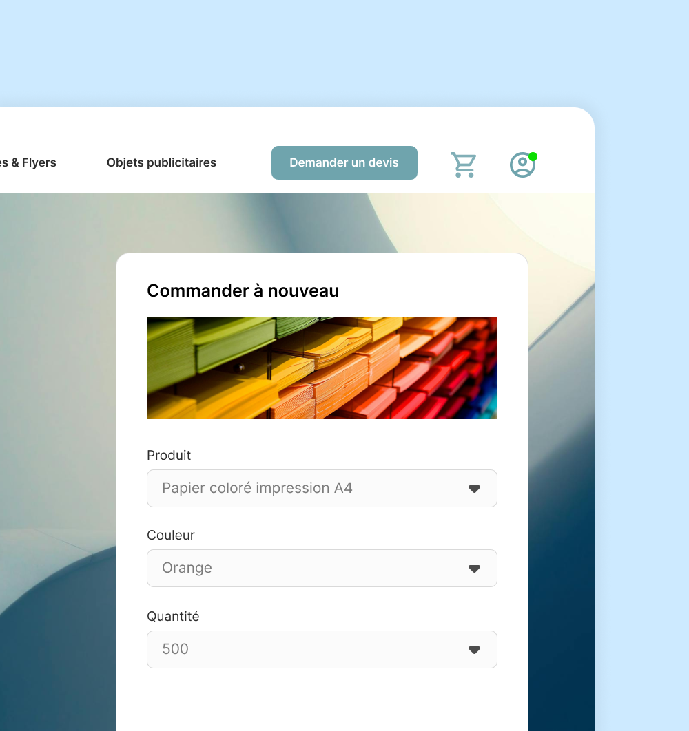 Une interface de commande pour 500 exemplaires de papier coloré. Les informations sont pré-remplies dans le formulaire car le client est connecté sur le site.
